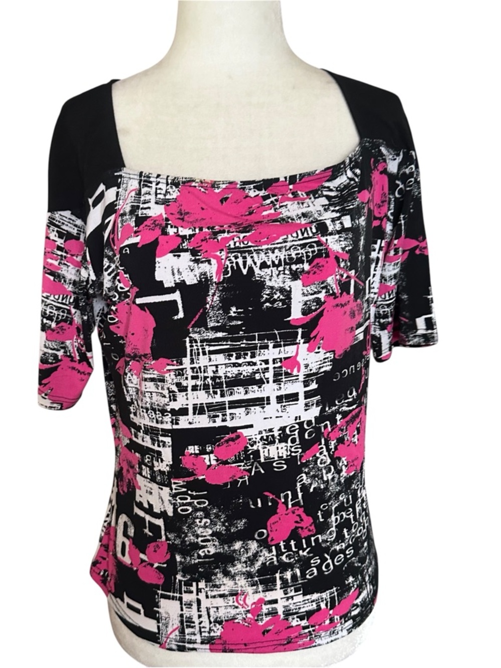 Donna Black & Pink Graphic Square-Neck Short Sleeve Top L